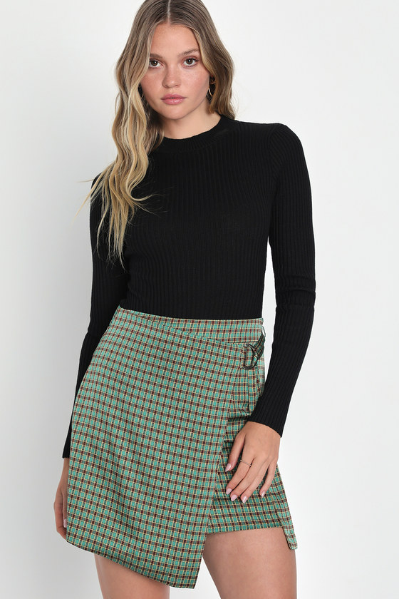 Lulus Lovely Luck Green Plaid Satin Wrap Mini Skirt