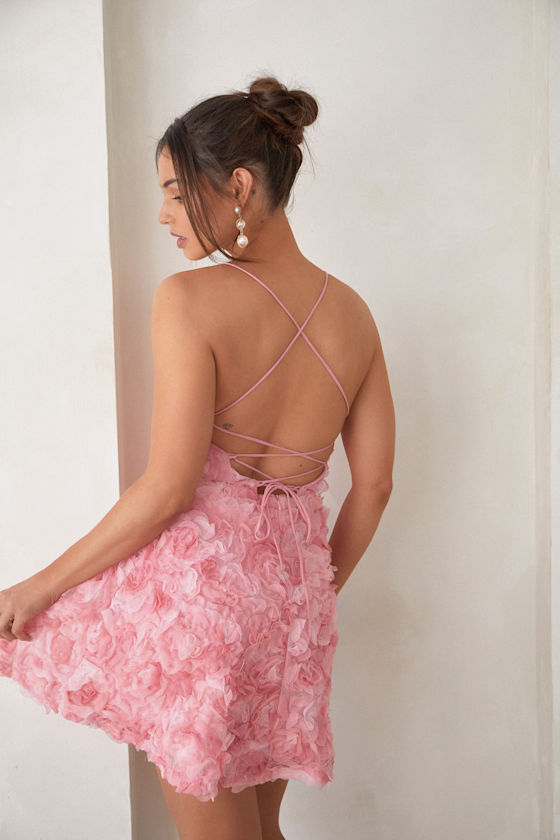 Kala Mini Dress 3D Floral A Line Dress in Pink