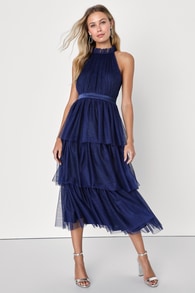 Effortlessly Adorable Navy Blue Tulle Tiered Midi Dress