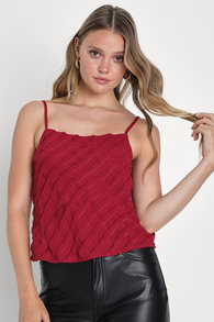 Unique Aesthetic Berry Red Chiffon Textured Cami Top