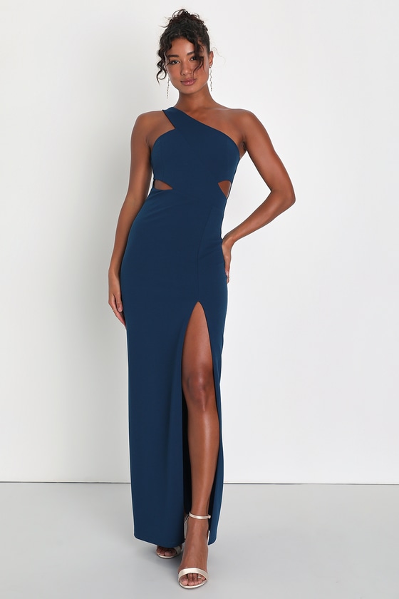 Lulus Show-stopping Style Dark Teal One-shoulder Cutout Maxi Dress