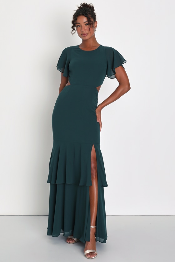 Emerald Green Tiered Dress - Cutout Chiffon Dress - Maxi Dress - Lulus