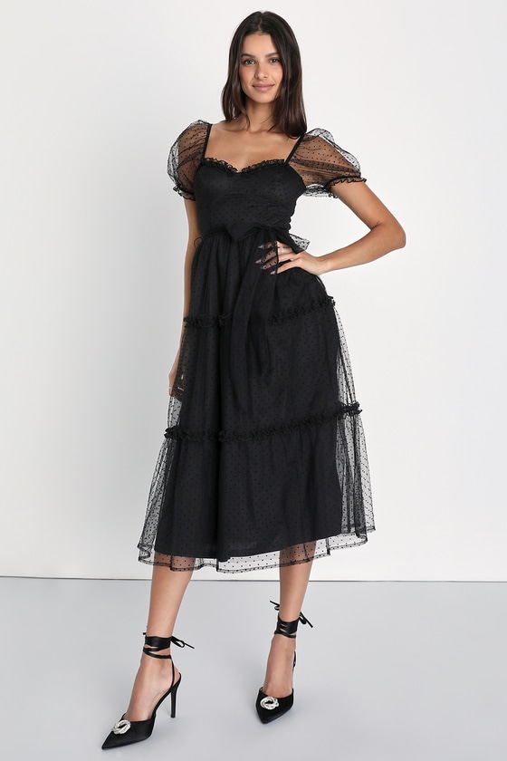 Black Swiss Dot Dress - Mesh Puff Sleeve - Tiered Midi Dress - Lulus