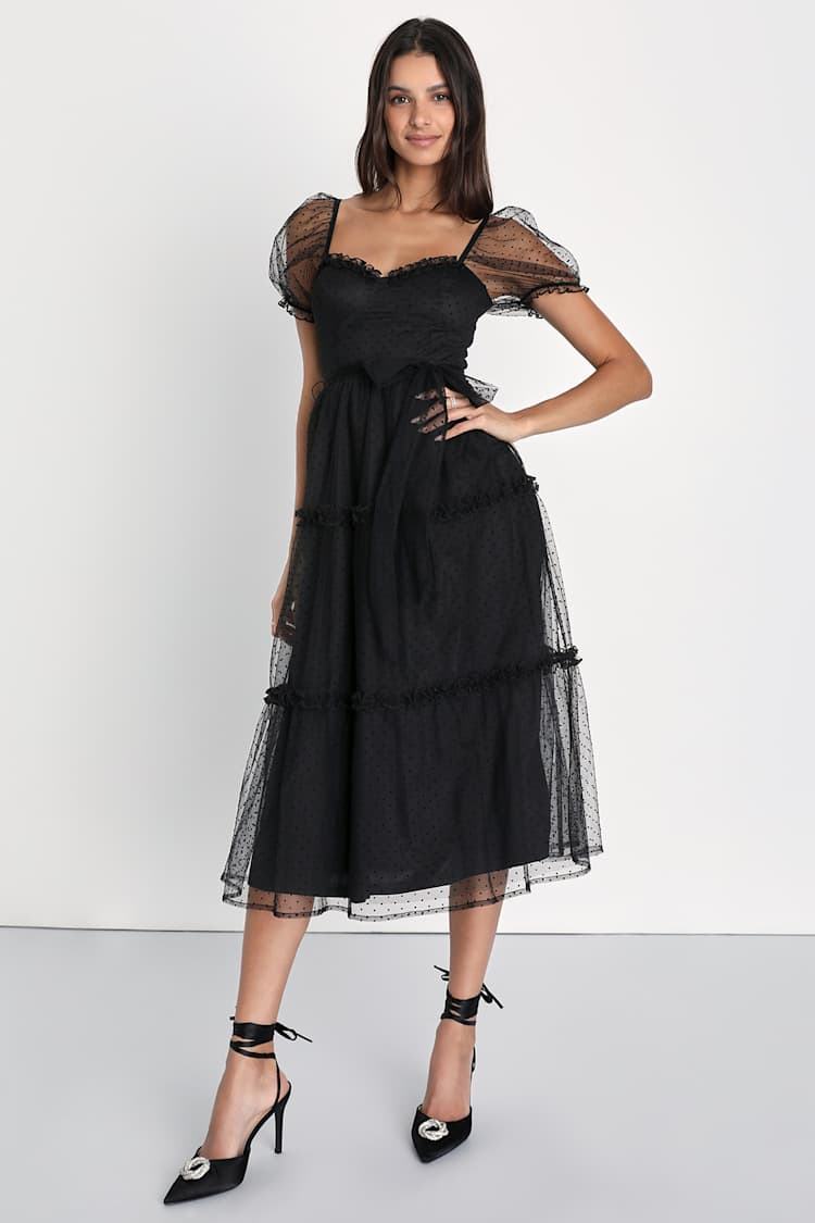 swiss dot black dress - Mesh Puff Sleeve - Tiered Midi Dress Color:Burnt Olive STYLES_A Line The Trixie in Black Asymmetric Midi Dress - Trixie dress