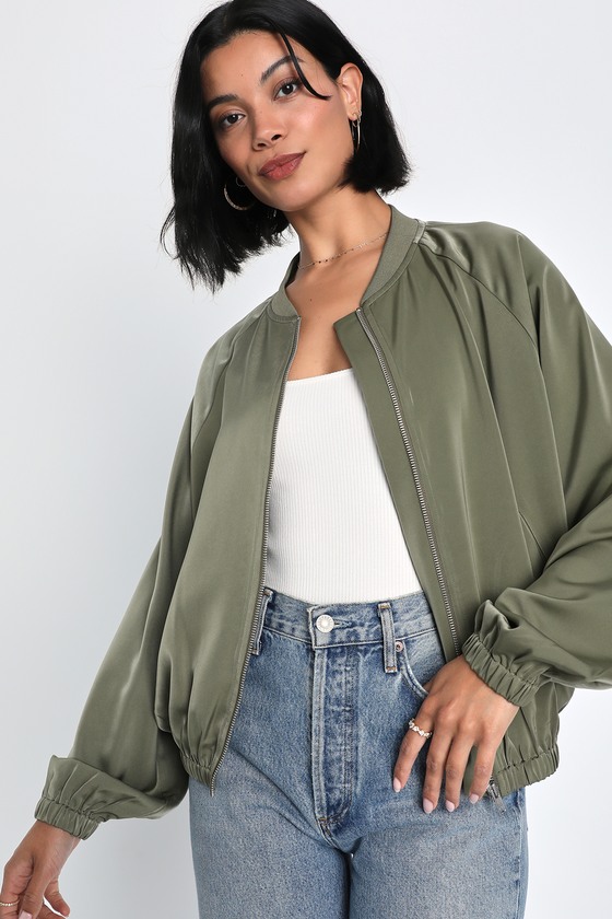 Green Bomber Jacket - Satin Bomber Jacket - Satin Outerwear - Lulus