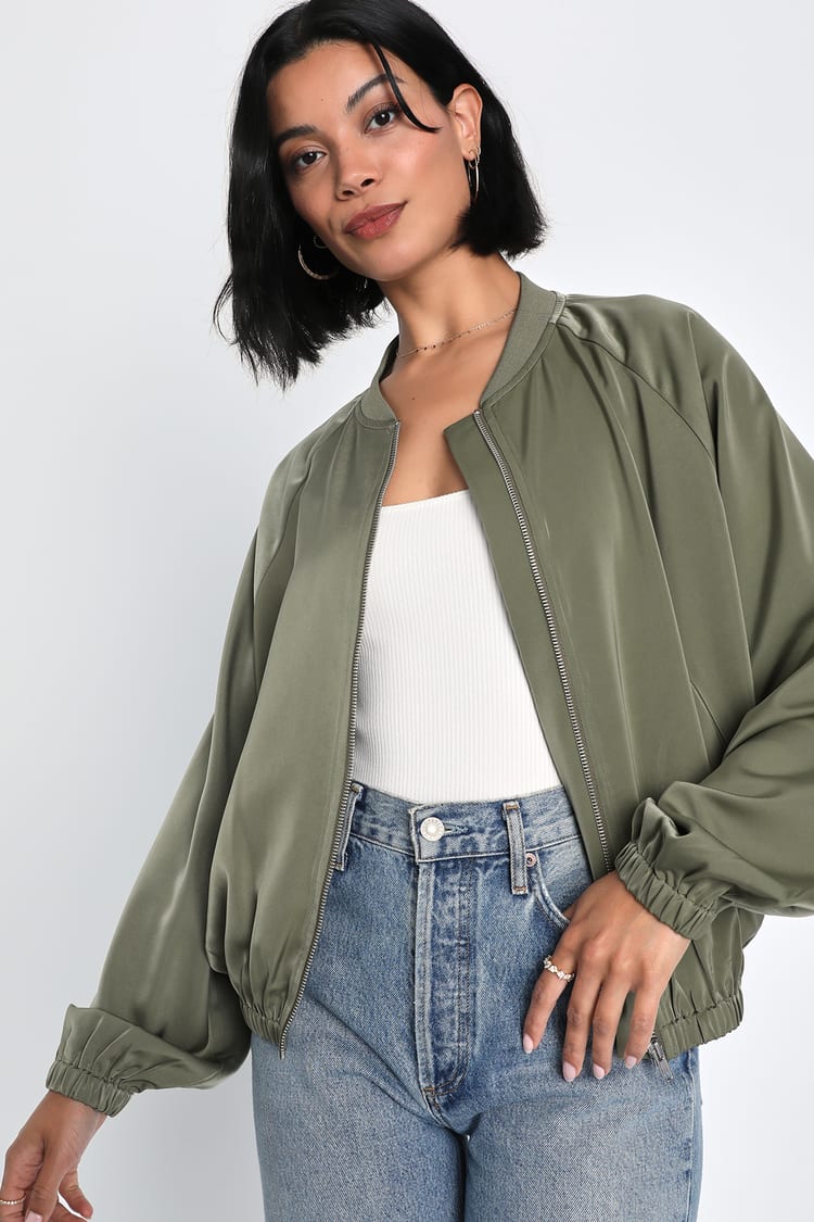 Olive Green Satin Bomber Jacket | Womens | X-Large (Available in XS, S, M, L) | Lulus