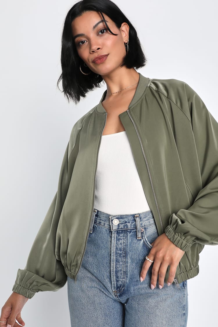 Lulus Olive Green Satin Bomber Jacket