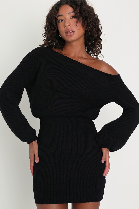 Cute Black Dress - Mini Sweater Dress - Off-The-Shoulder Dress - Lulus
