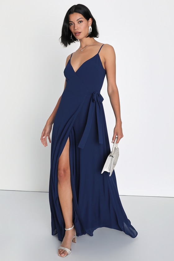Lulus Easiest Elegance Navy Blue Surplice Wrap Maxi Dress