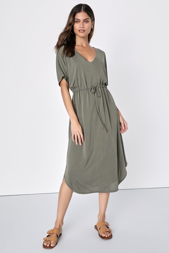 Olive Green Dress - Green Jersey Knit Dress - Drawstring Dress - Lulus