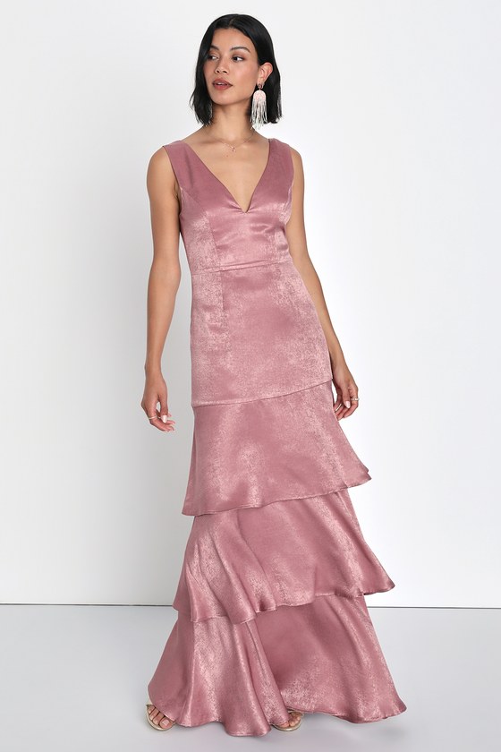 Mauve Maxi Dress Satin Tiered Dress Mauve Bridesmaid Dress Lulus