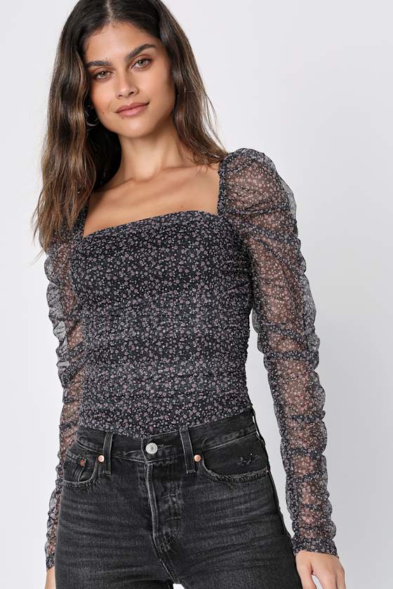 Black Floral Mesh Top Long Sleeve Top Ruched Mesh Top Lulus