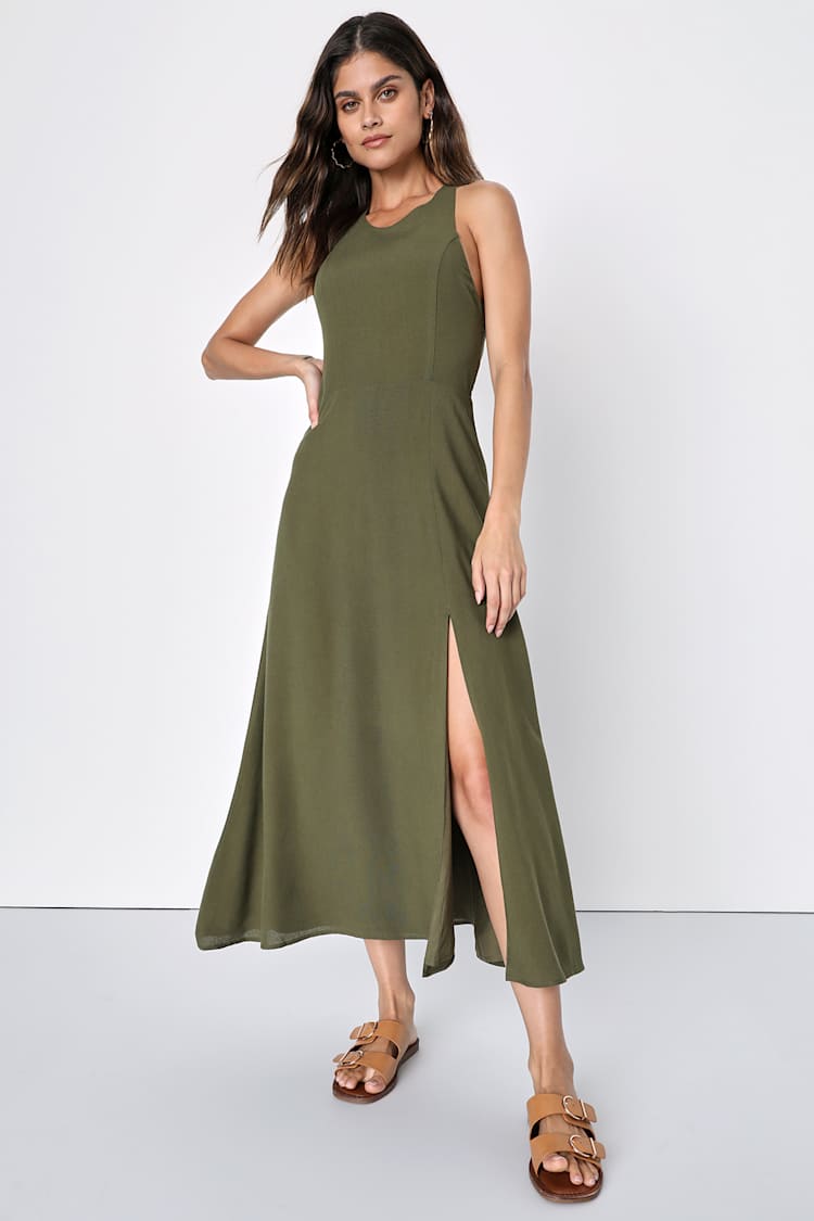 strapless open back dress Rove Linen-Cotton Midi Dress - Crossover Back-Ties