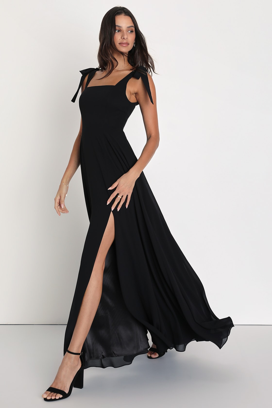 Love Me Forever Black Tie-Strap Square Neck Maxi Dress