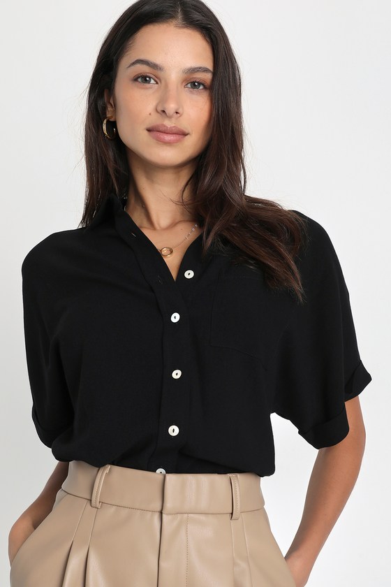 Black Collared Top - Button-Up Top - Button Shirt - Top - Lulus