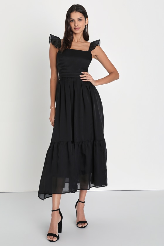 Black Midi Dress - Tiered Midi Dress - Ruffled Strap Dress - Lulus