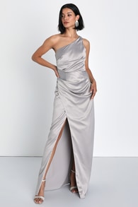 Dreaming of Elegance Grey Satin One-Shoulder Maxi Dress