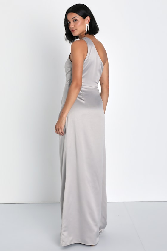 Gorgeous One Shoulder Acetate Satin Dress Steel Grey main image 0