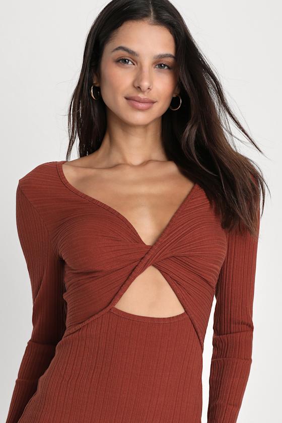 Midi Dress with Cut-Out Front and Printed Full Skirt - Brown