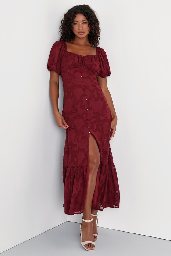 Lulus Everlasting Charm Burgundy Floral Jacquard Midi Dress