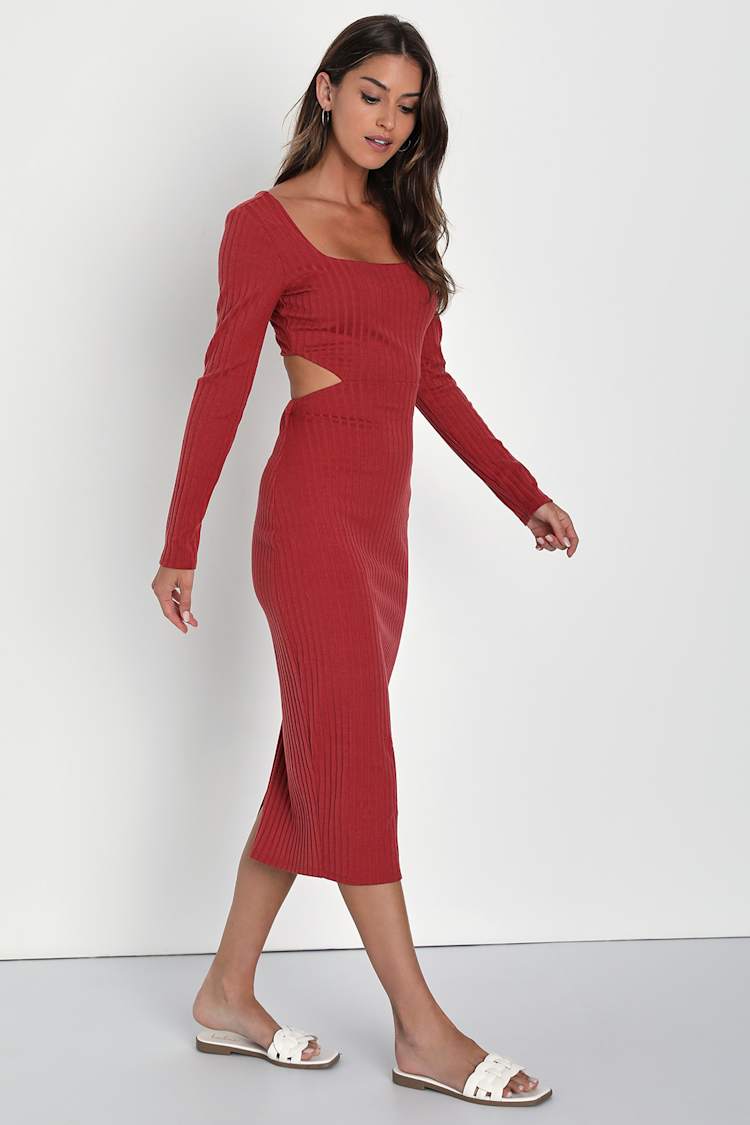 Rust Ribbed Dress - Cutout Bodycon Dress - Bodycon Midi Dress - Lulus