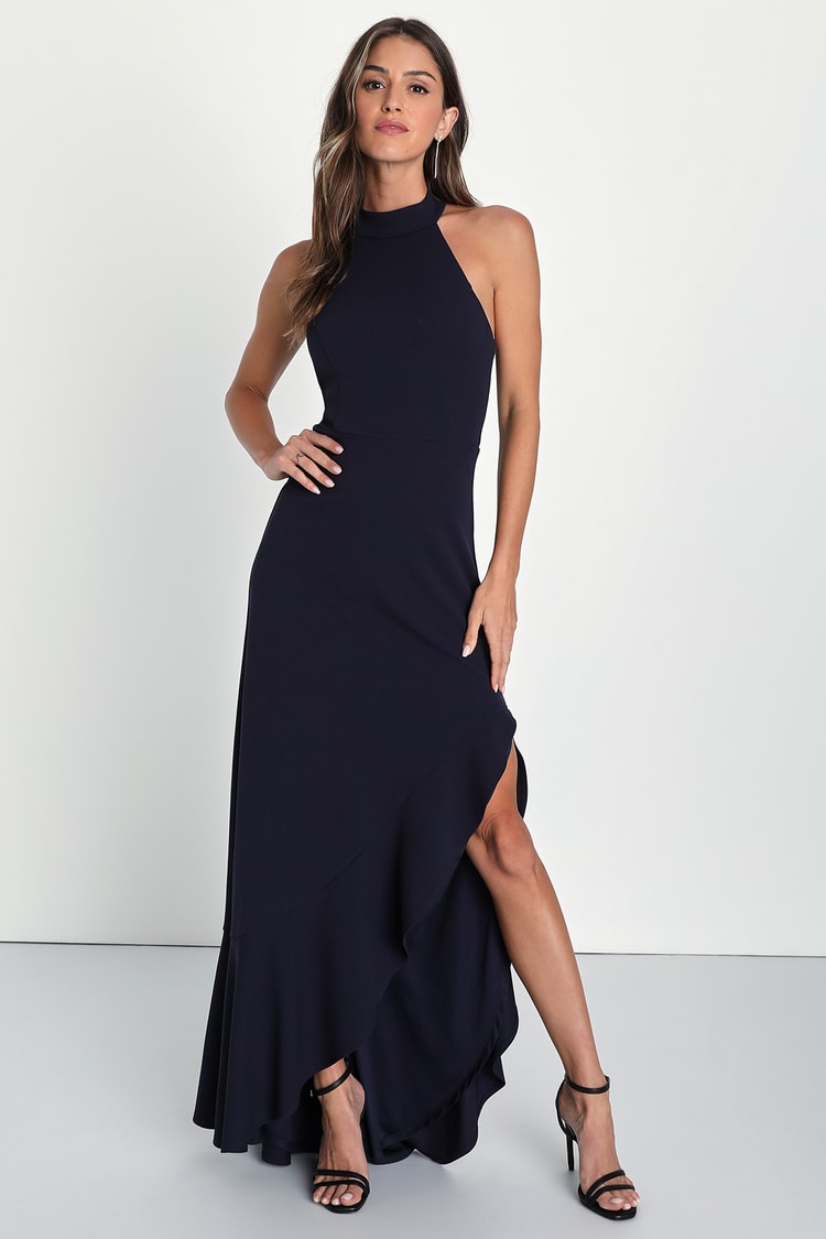 Navy Blue Ruffled Dress - Halter Maxi Dress - High-Low Dress - Lulus