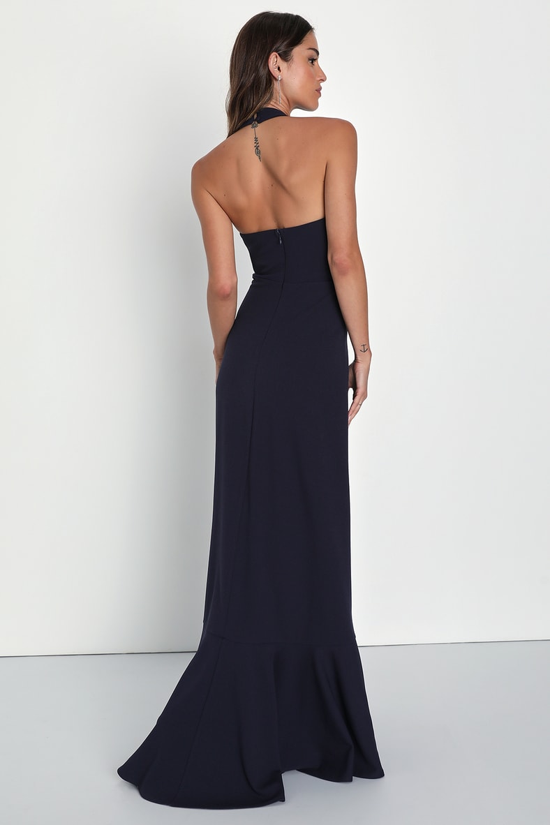 Majestic Perfection Navy Blue Ruffled Halter Maxi Dress