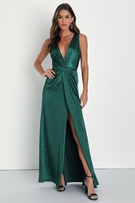Perfect Refinement Emerald Satin Sleeveless Pleated Maxi Dress