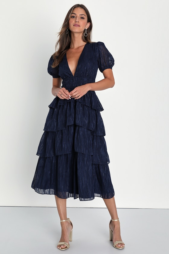 Navy Lurex Midi Dress - Tiered Puff Sleeve Dress - Midi Dress - Lulus