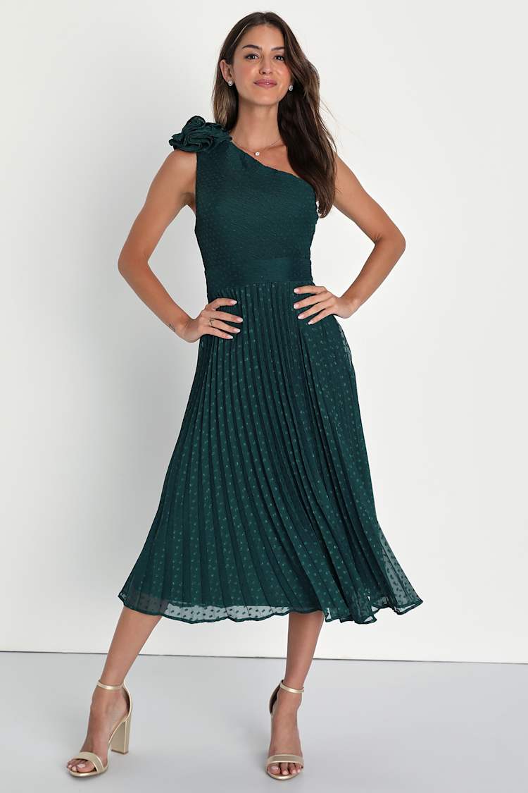 Special Charm Teal Pleated Swiss Dot One-Shoulder Midi Dress Special Charm Teal Pleated Swiss Dot One-Shoulder Midi Dress