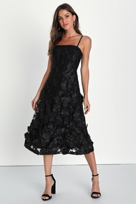 Glamour Garden Black 3D Floral Embroidered Midi Dress