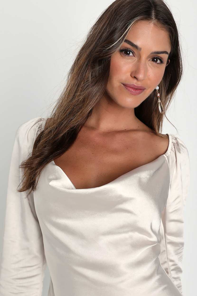 Champagne Satin Cowl Neck Mini Dress | Womens | XX-SMALL (Available in M, L) | Lulus | Holiday Dresses