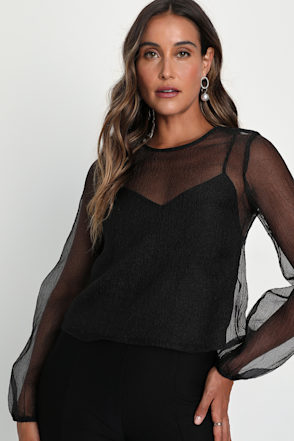 Black Chiffon Top Sheer Tie-Back Top Sheer Long Sleeve Top Lulus