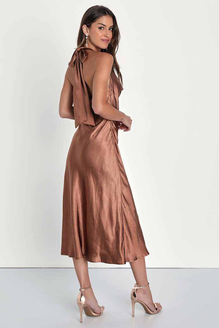 brown marble satin midi wrap dress SIMKHAI Women's Marabella Draped Satin Midi Dress in Mahogany, Size 0 main image 0