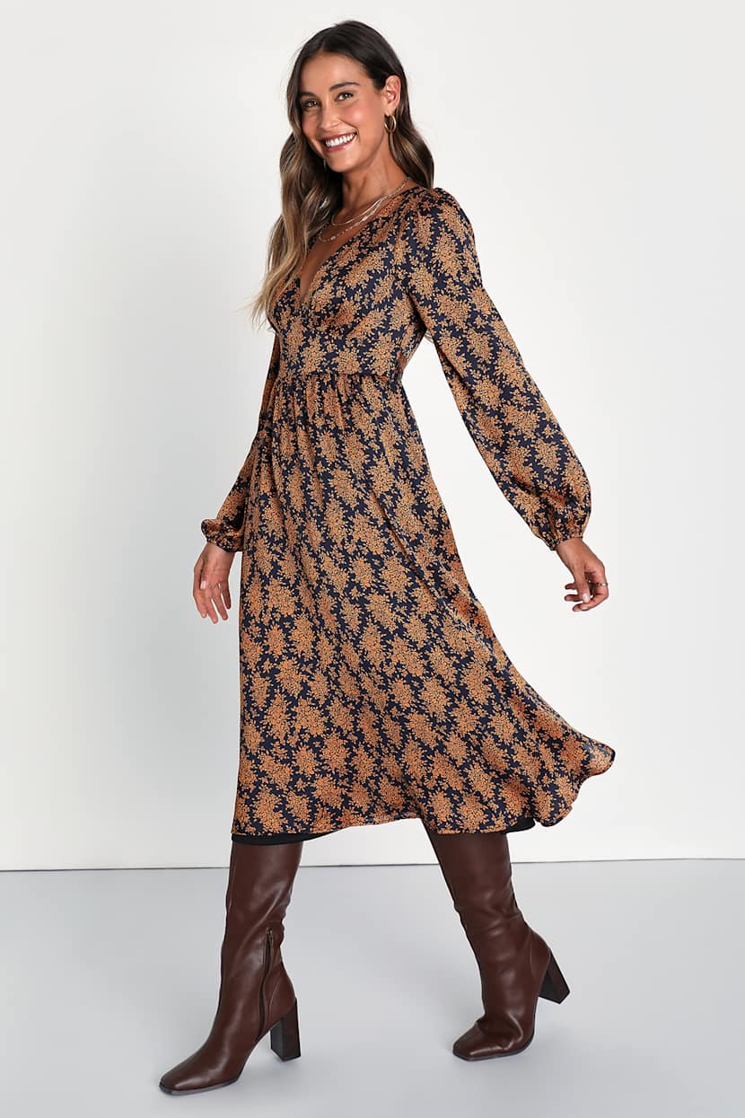 Graceful Impression Black and Orange Floral Print Midi Dress