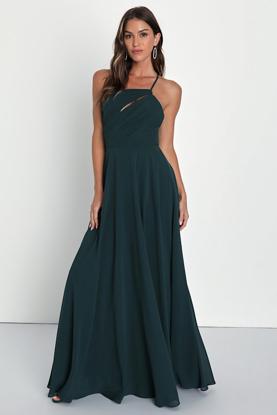 Elegant One-Shoulder Flowing Silhouette Dress Emerald main image 1