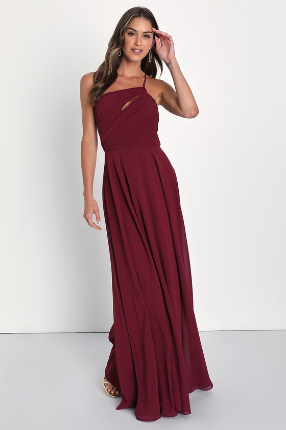 Lulus Extraordinary Elegance Burgundy Pleated One-shoulder Maxi Dress