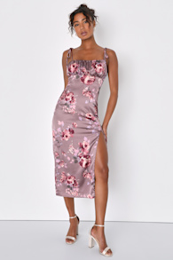 Fleur-Ty Behavior Mauve Floral Satin Tie-Strap Midi Dress 1