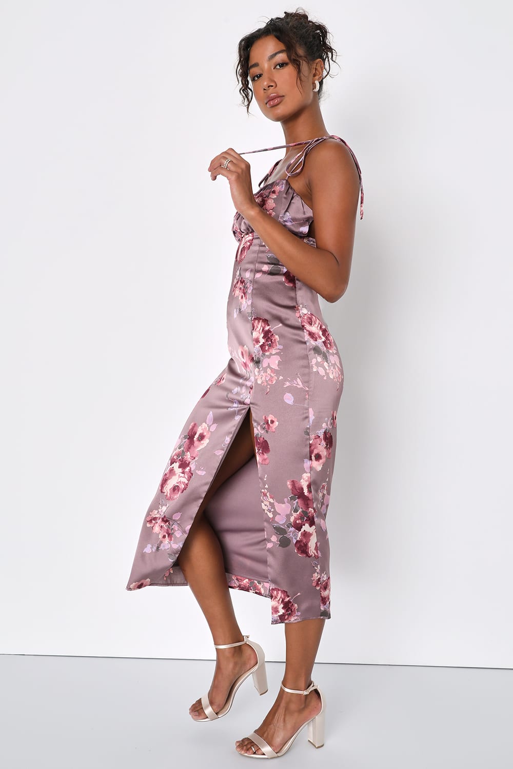Fleur-ty Behavior Mauve Floral Satin Tie-Strap Midi Dress