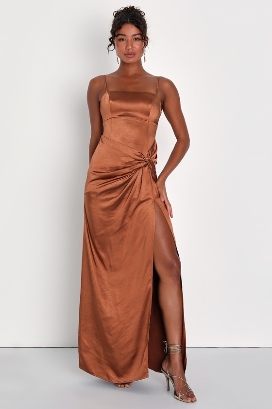 Lulus Celebrated Elegance Bronze Satin Twist-front Maxi Dress In Brown