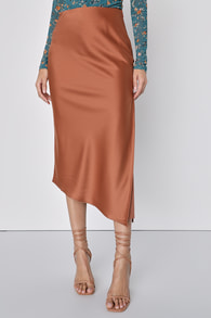 Contemporary Cutie Brown Satin High-Rise Asymmetrical Midi Skirt