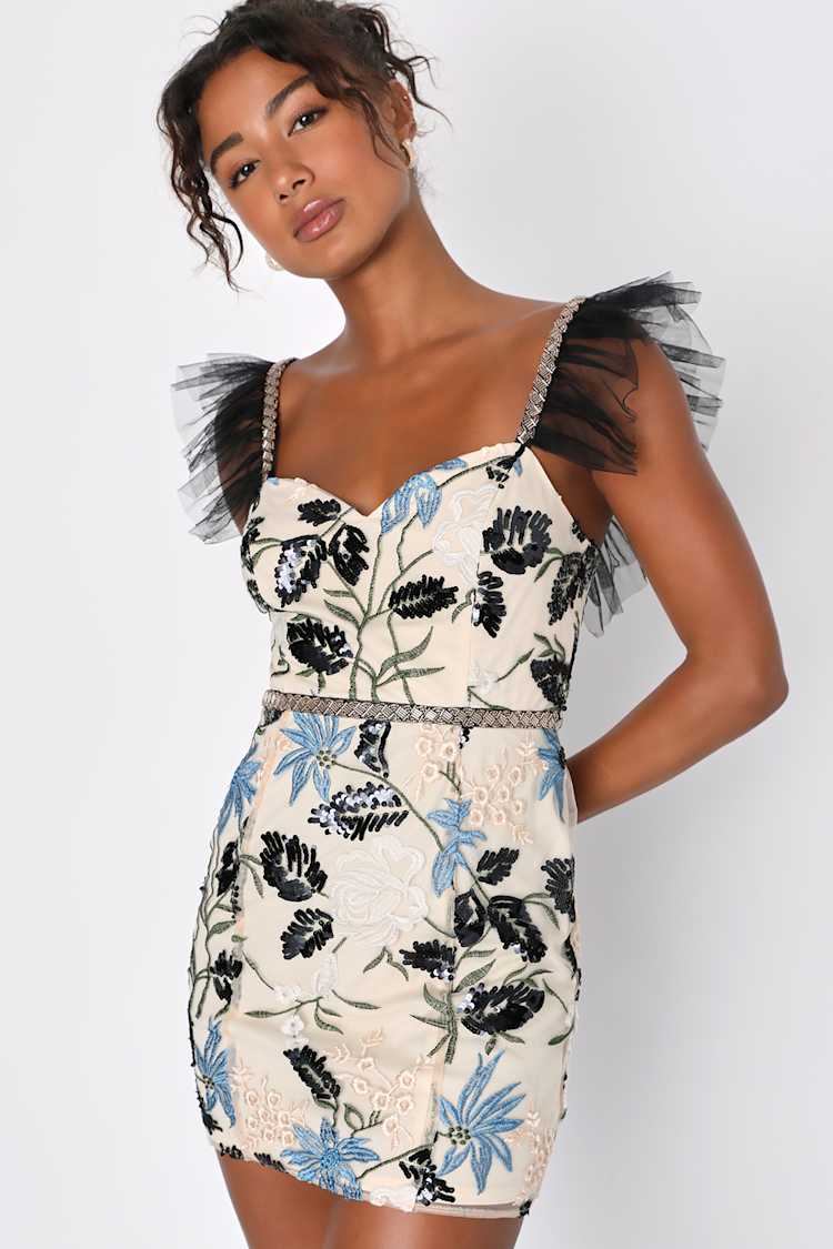 Show Stopper Cream Embroidered Sequin Bodycon Mini Dress Show Stopper Cream Embroidered Sequin Bodycon Mini Dress
