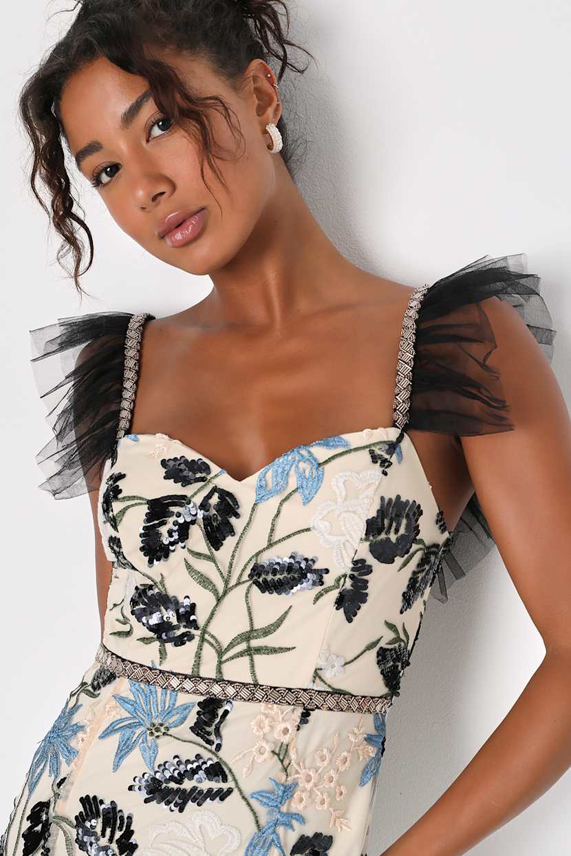 Show Stopper Cream Embroidered Sequin Bodycon Mini Dress