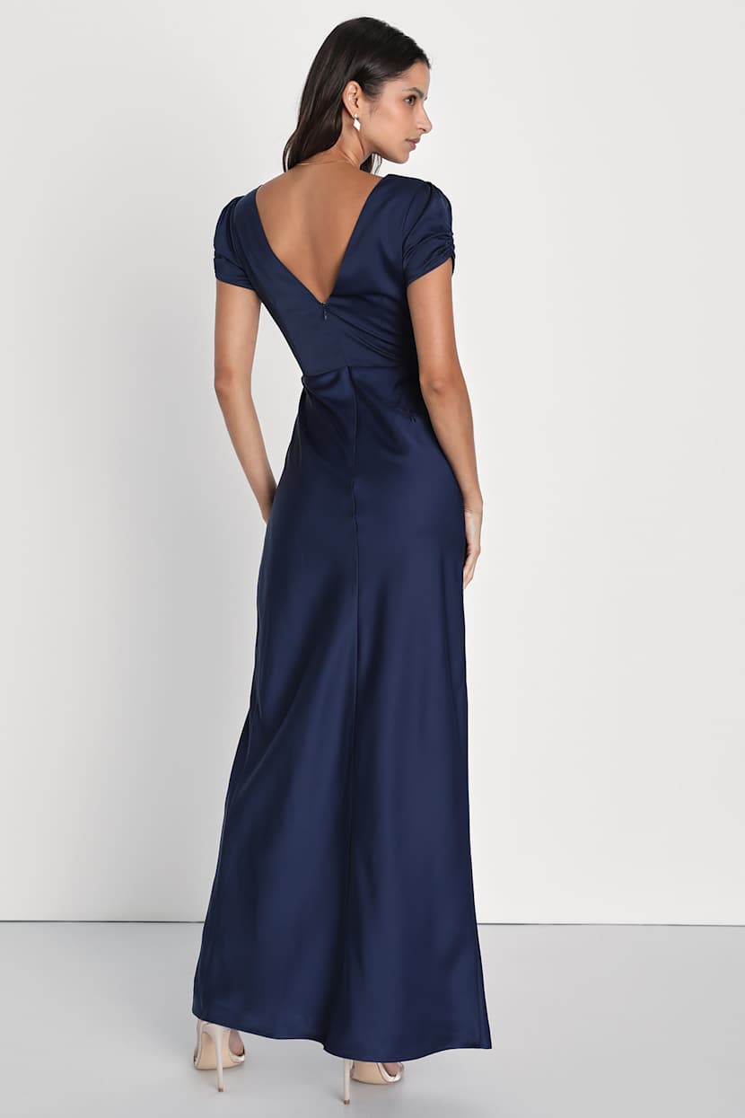 strapless open back dress Attractive A-Line Navy Blue Ruffle Tiered Long Prom Dresses with Slit  VK24050804 – Vickidress main image 0