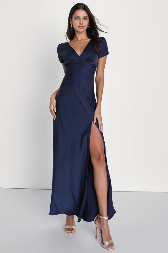 Navy Blue Satin Dress - Puff Sleeve Dress - Navy Bridesmaid Dress - Lulus