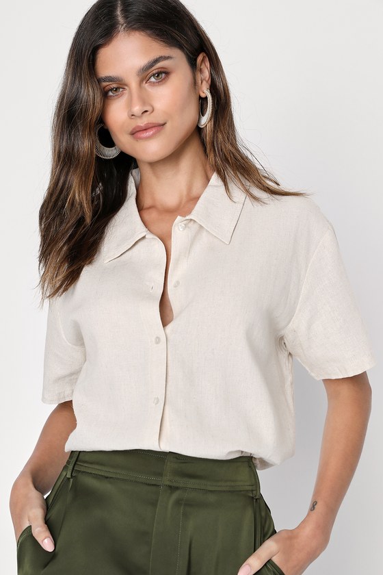 Beige Linen Top - Short Sleeve Top - Cropped Button-Up Top - Lulus