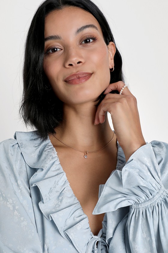 Blue Floral Satin Top - Ruffled Long Sleeve Top - Women's Tops - Lulus