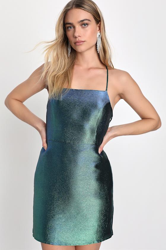 Shiny Green and Blue Dress Backless Mini Dress LaceUp Dress Lulus