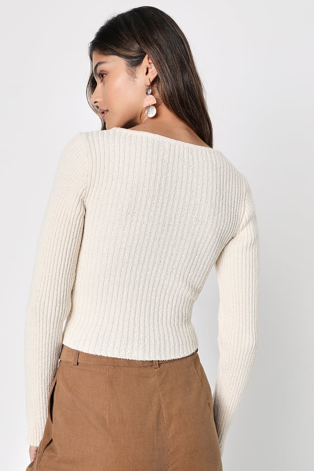 Cream Ribbed Knit Top - Cute Long Sleeve Top - Ruched Knit Top - Lulus