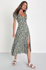 Meadow Muse Green Floral Tie-Back Puff Sleeve Midi Dress